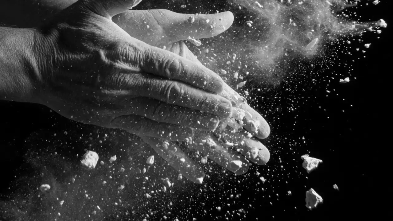 Chalk dust exploding between clapped hands