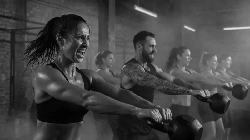 A group class doing kettlebell swings in a dark industrial gym