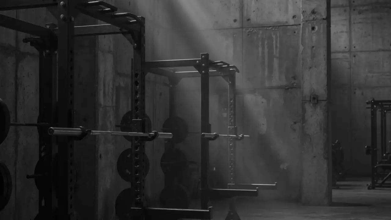 Raw industrial gym interior with steel racks and concrete walls